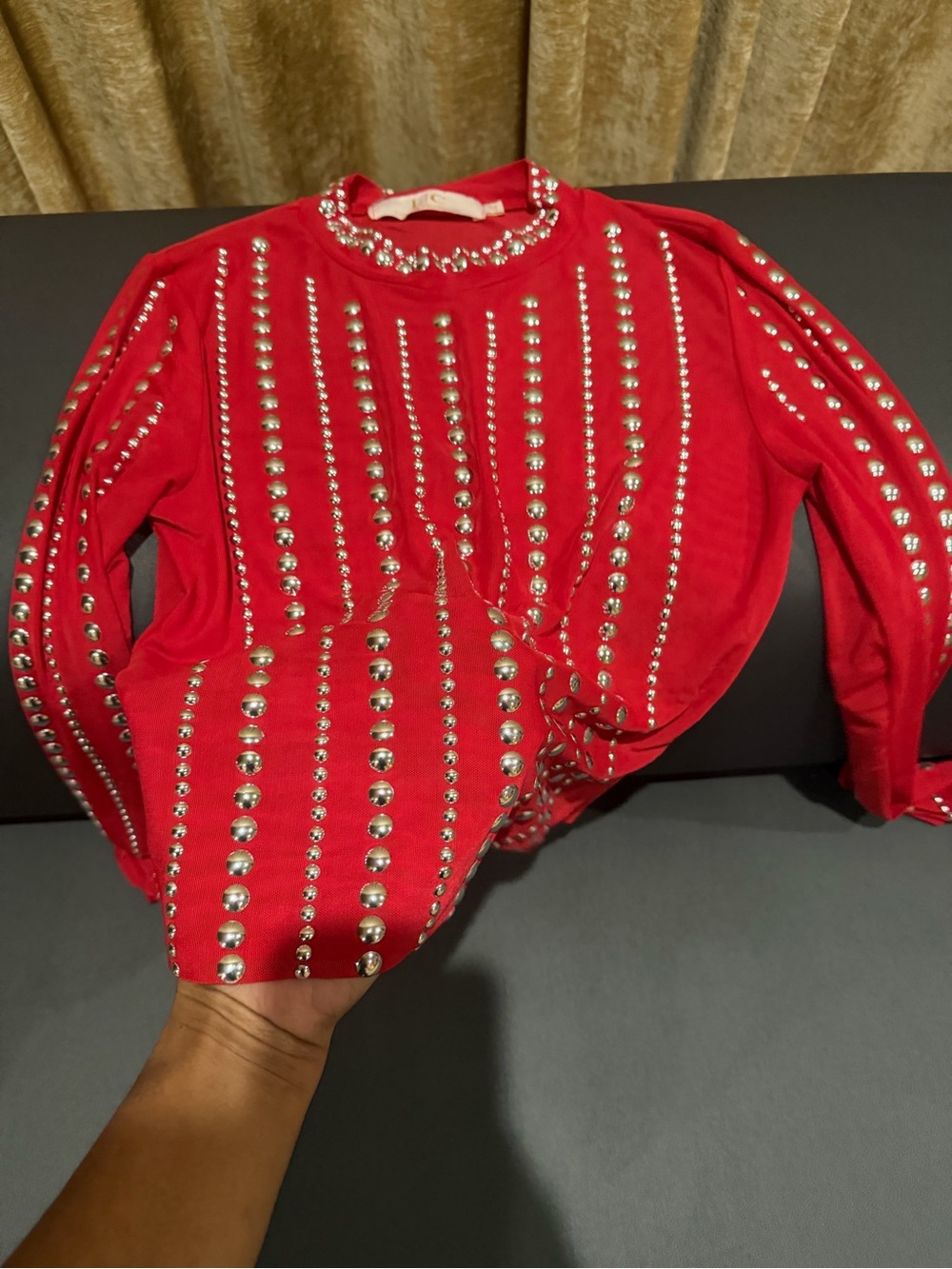 Red Stud-Embellished Long Sleeve Women's Top